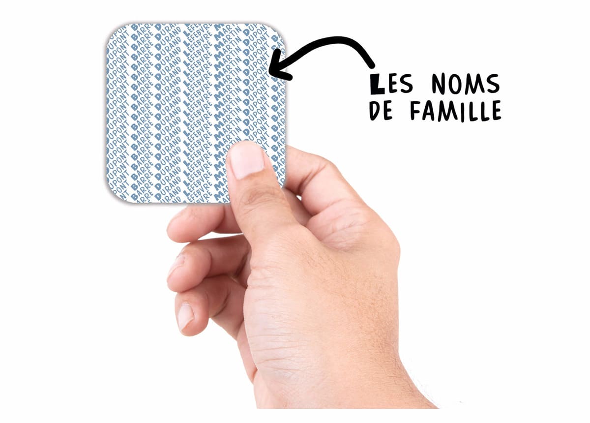 dos de cartes mémory avec les noms de famille